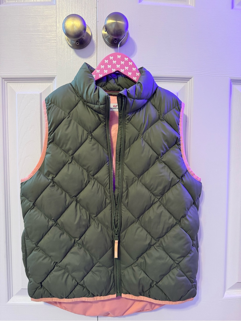 NWT Vineyard Vines Girls' Olive Quilted Puffer Vest with Pink Trim and Lining